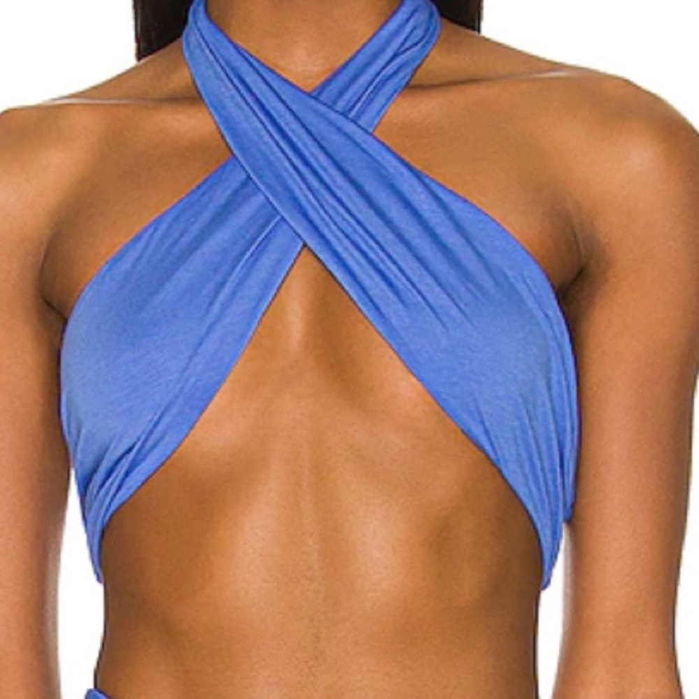 Frankie’s Bikinis Criss-Cross Halter Bandeau in Blue